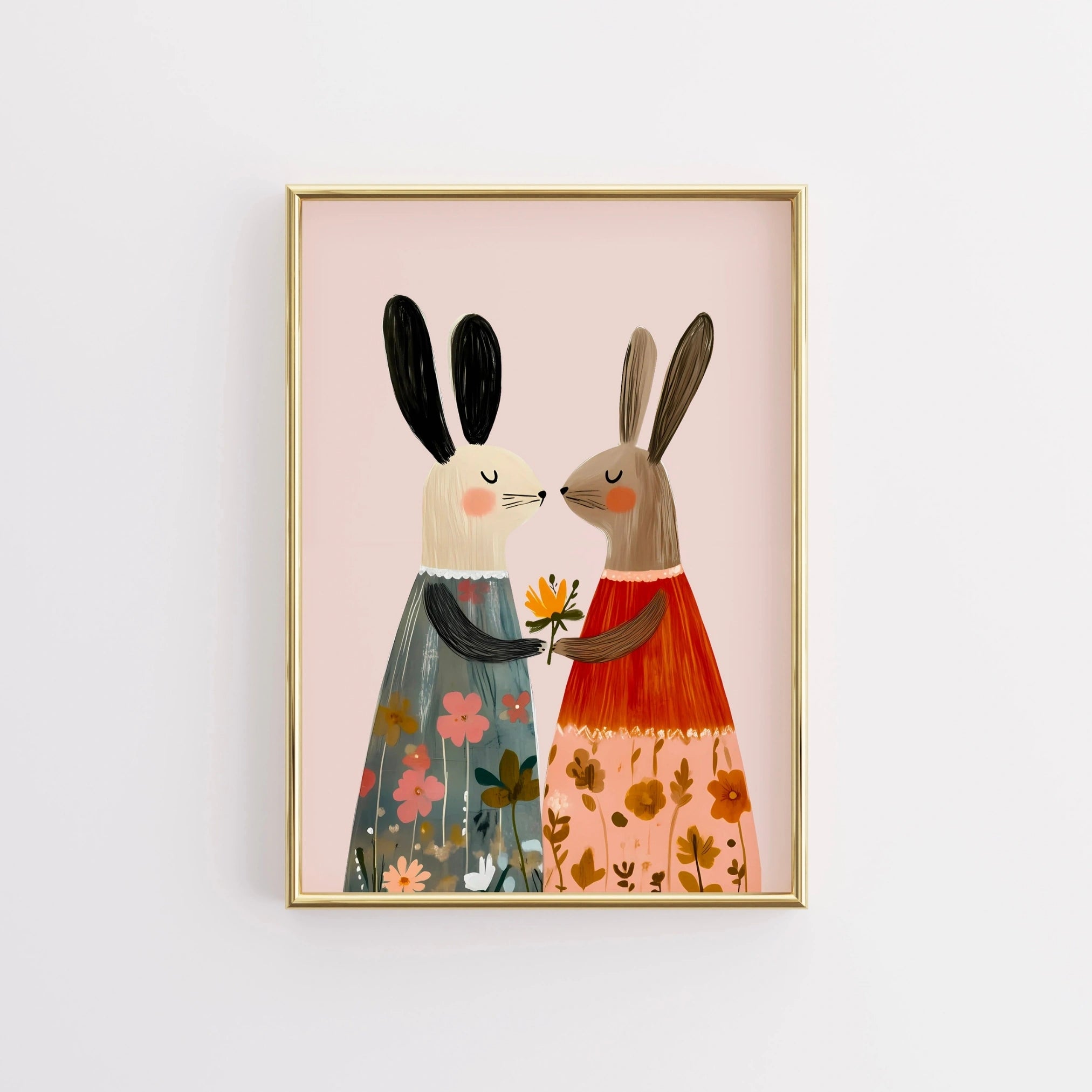 Bunny Friends Wall Art – Whimsical Rabbit Nursery Print in Floral Dresses