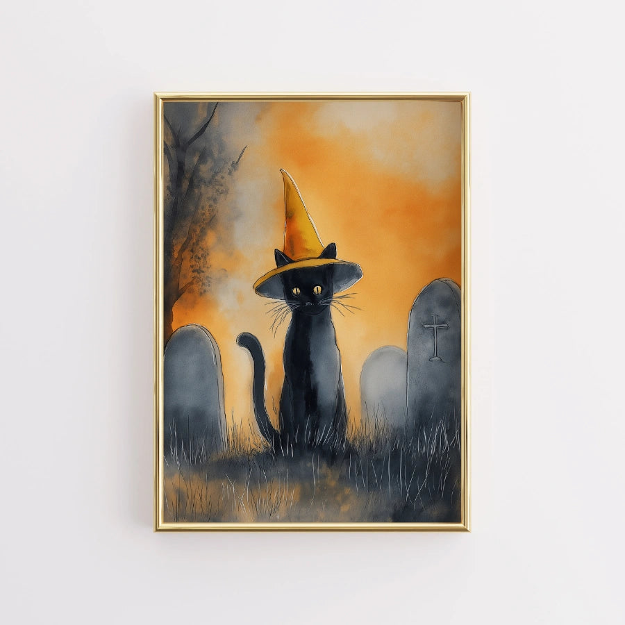 Black Cat Halloween Print – Witch Cat Wall Art