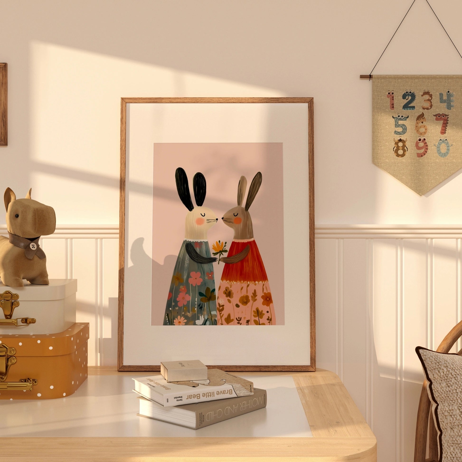 Bunny Friends Wall Art – Whimsical Rabbit Nursery Print in Floral Dresses