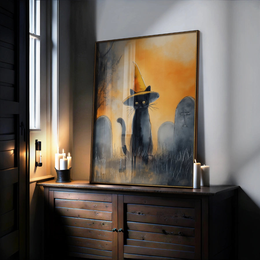 Black Cat Halloween Print – Witch Cat Wall Art