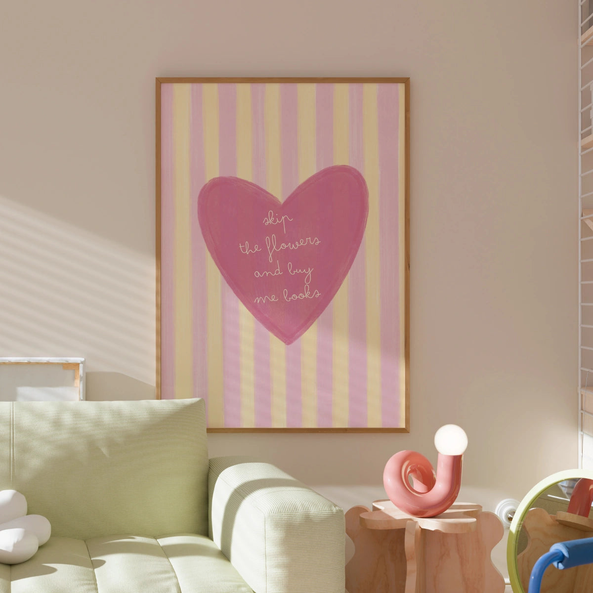 Kauf mir Bücher – Kunstdruck in Rosa für Bücherliebhaber