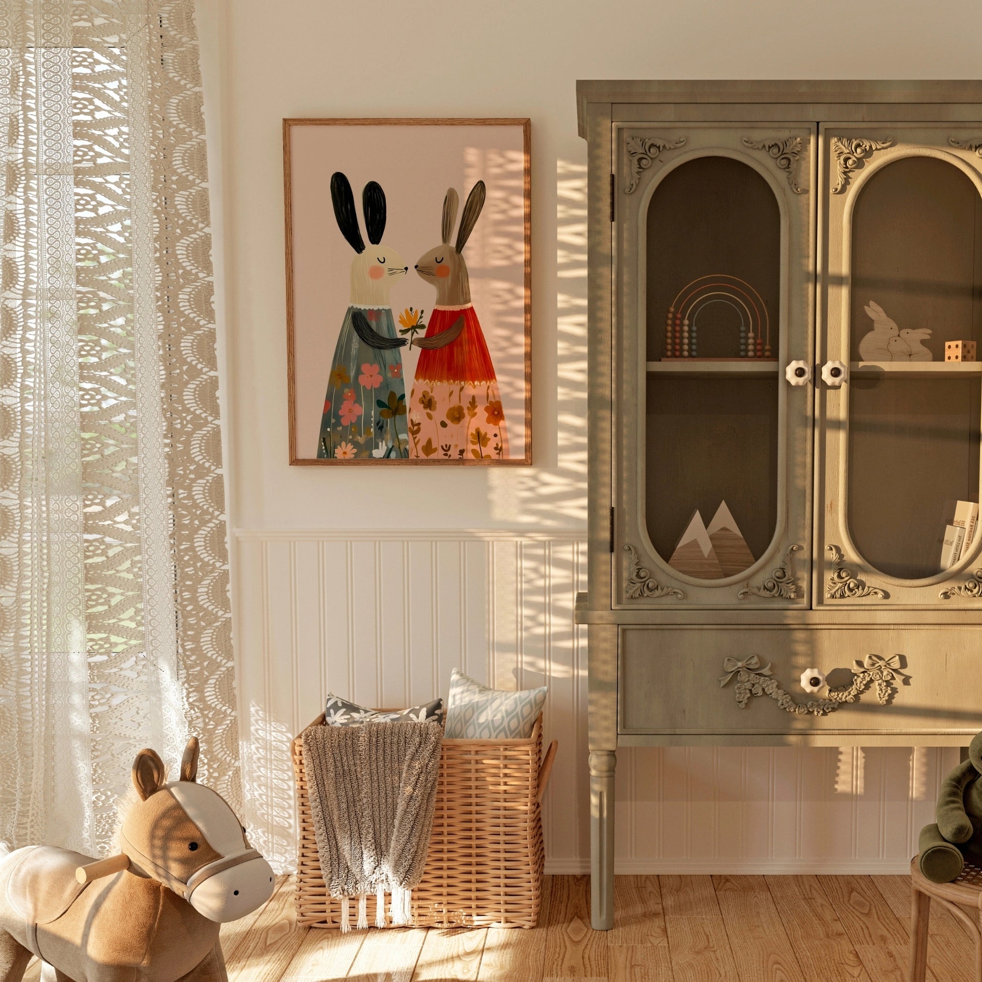 Bunny Friends Wall Art – Whimsical Rabbit Nursery Print in Floral Dresses