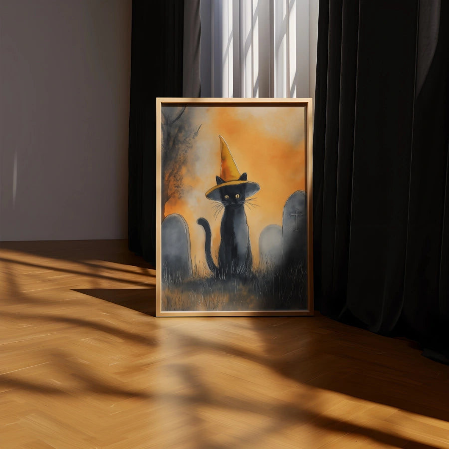 Black Cat Halloween Print – Witch Cat Wall Art