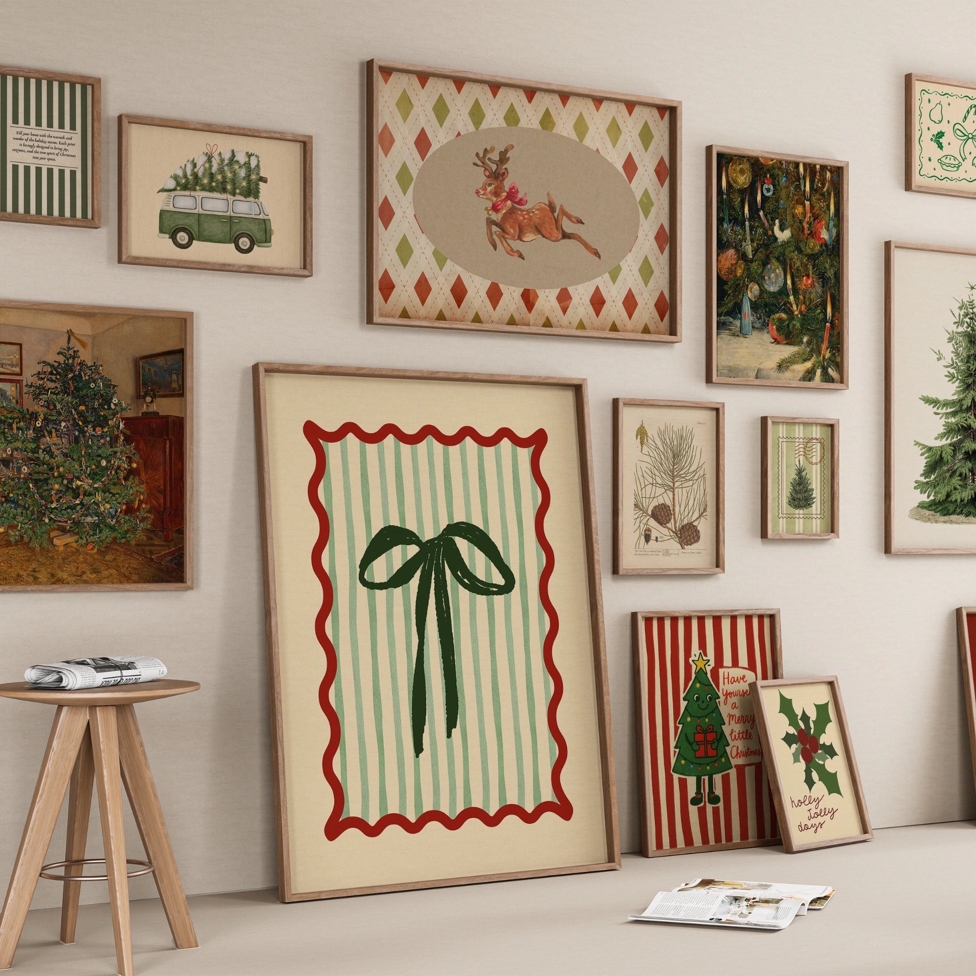 Hand-Drawn Vintage Christmas Set of 18 Prints