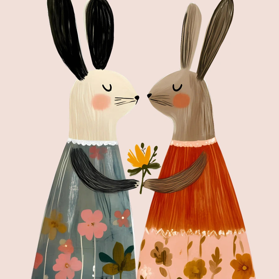 Bunny Friends Wall Art – Whimsical Rabbit Nursery Print in Floral Dresses