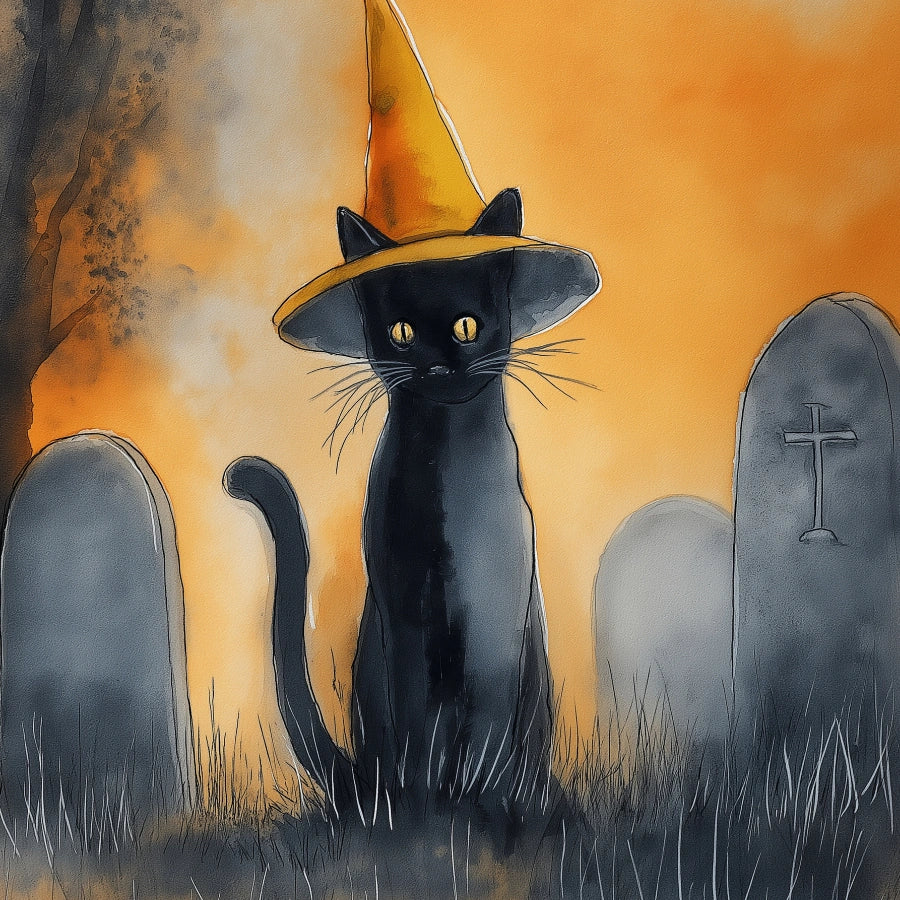 Black Cat Halloween Print – Witch Cat Wall Art