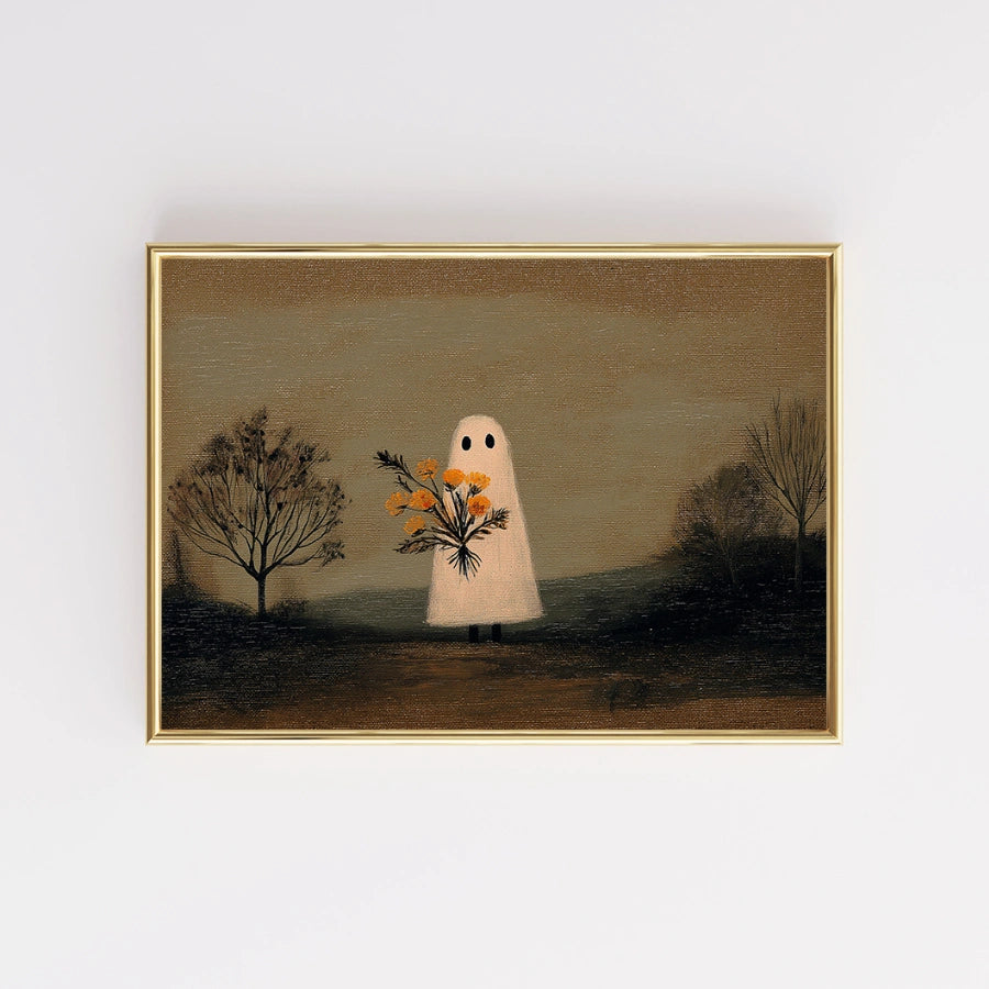 Ghost with Flowers Halloween Print – Autumn Folk Art