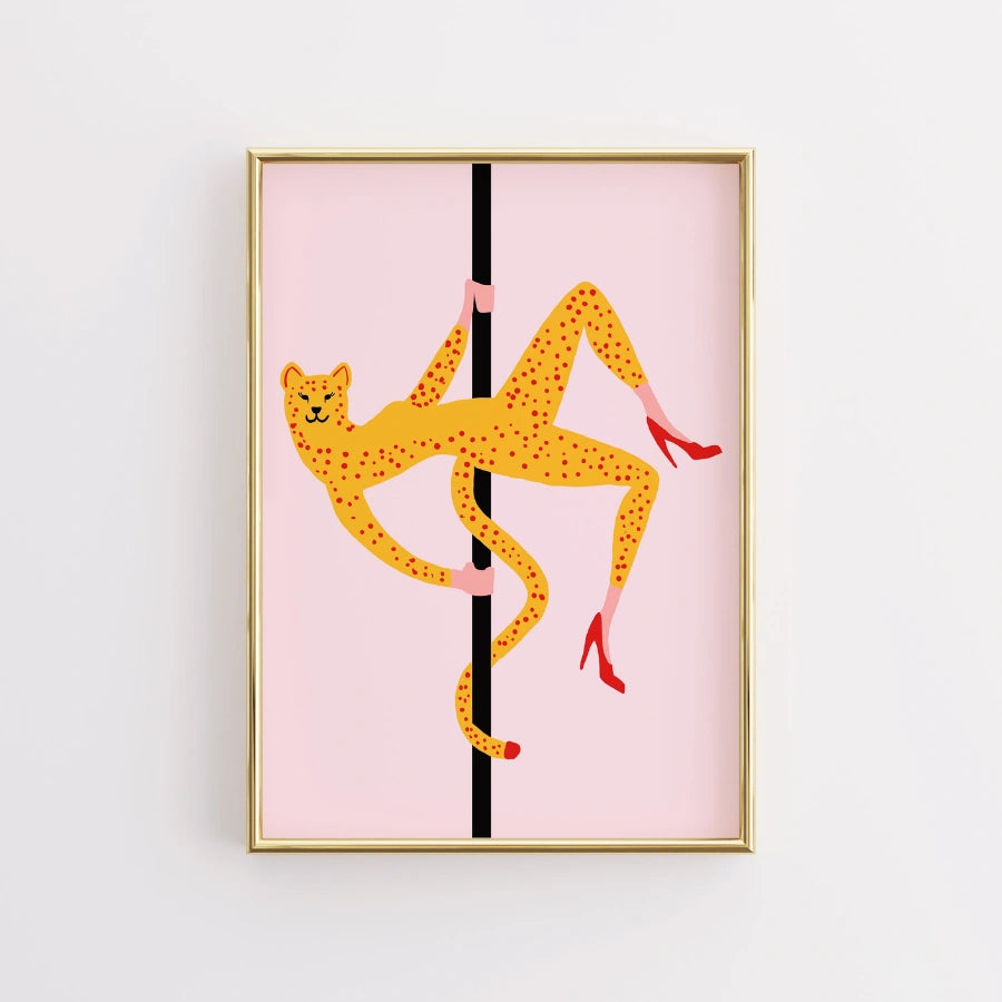 Pole Dancing Cheetah Wall Art – Funny Maximalist Animal Print