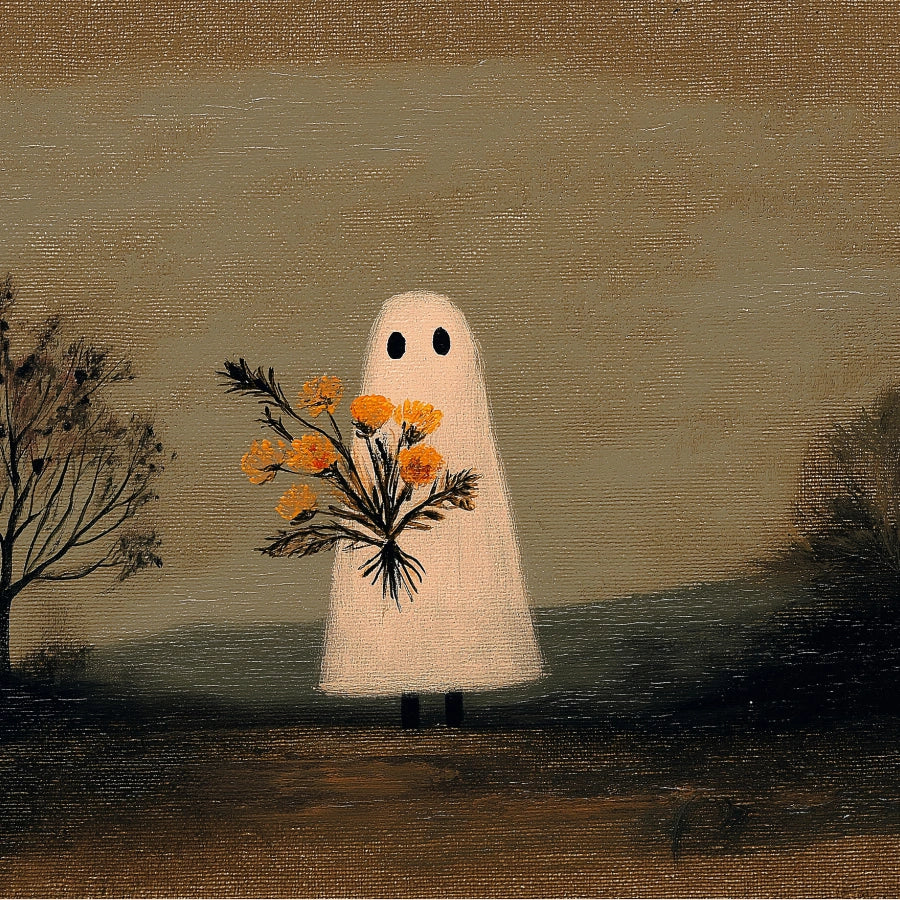 Ghost with Flowers Halloween Print – Autumn Folk Art