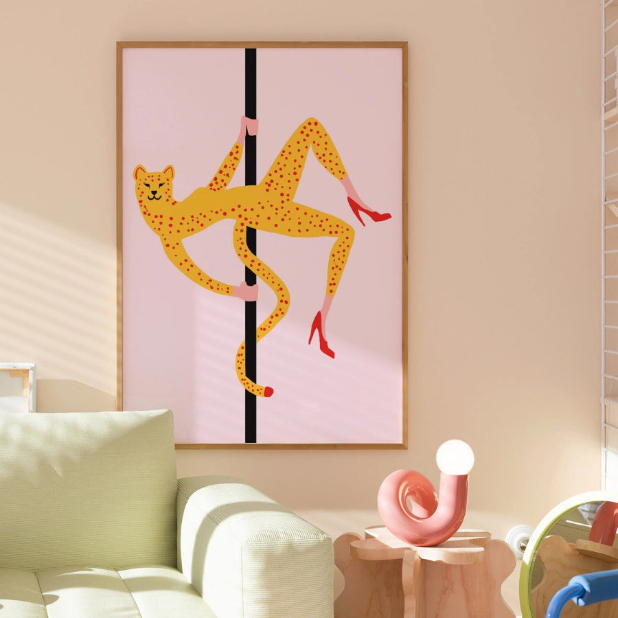 Pole Dancing Cheetah Wall Art – Funny Maximalist Animal Print