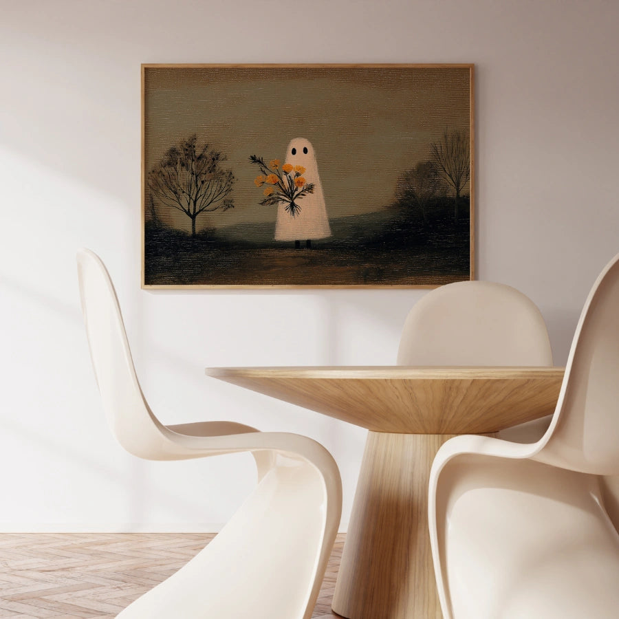 Ghost with Flowers Halloween Print – Autumn Folk Art
