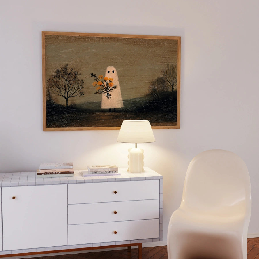 Ghost with Flowers Halloween Print – Autumn Folk Art
