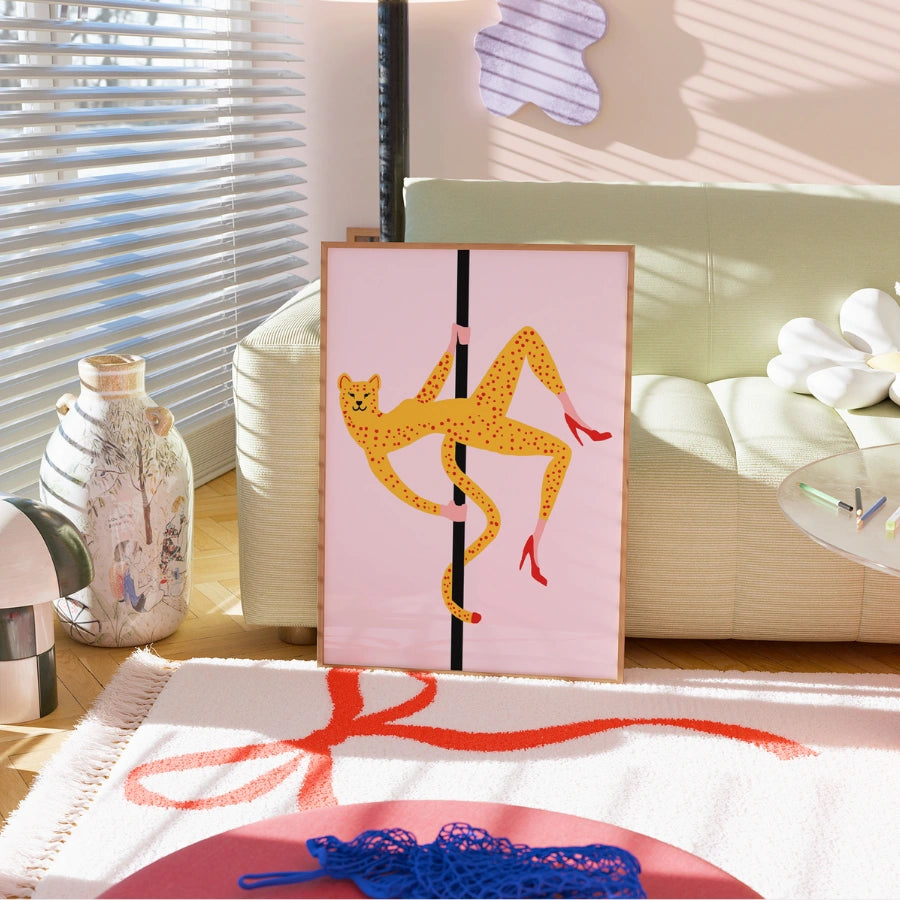 Pole Dancing Cheetah Wall Art – Funny Maximalist Animal Print