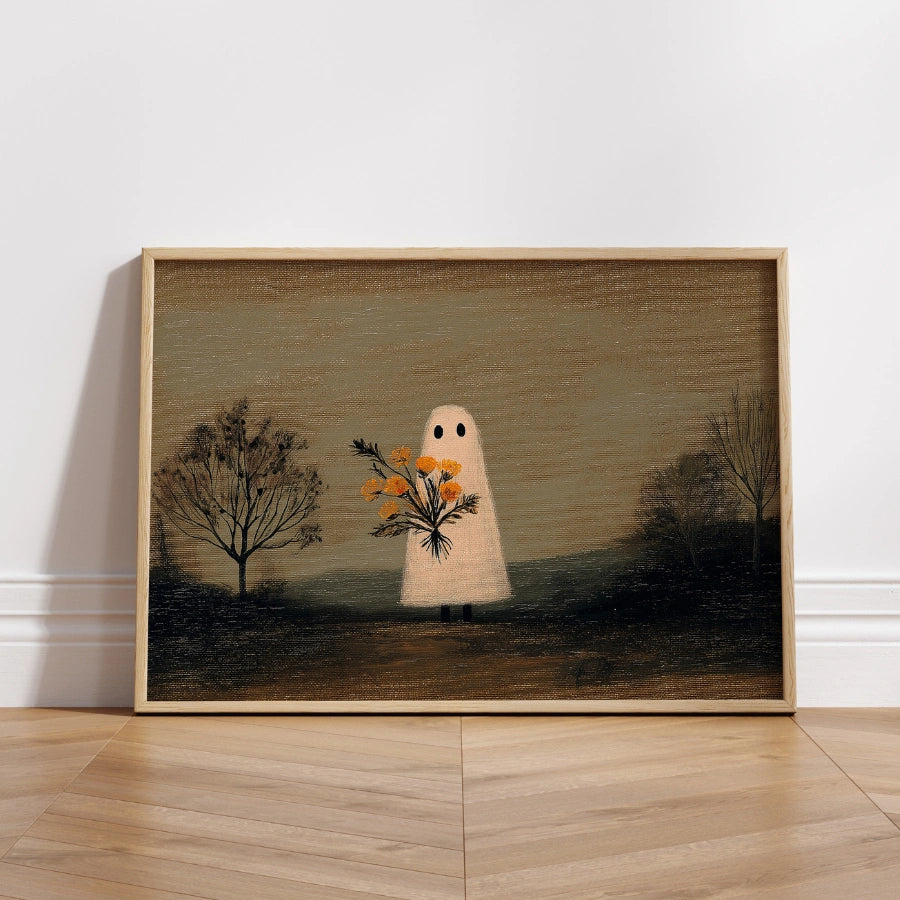 Ghost with Flowers Halloween Print – Autumn Folk Art