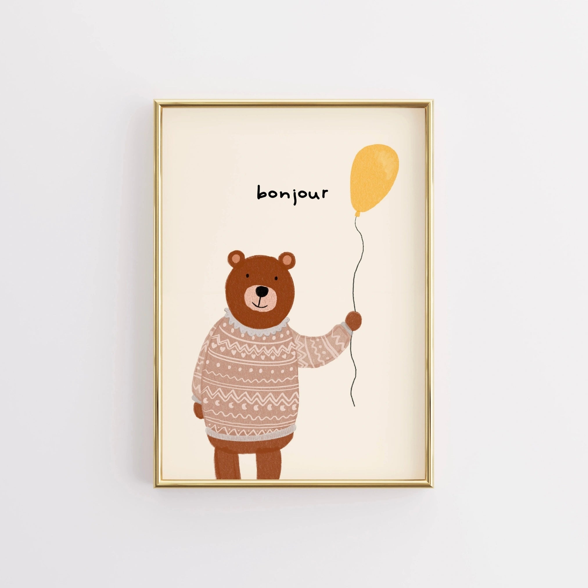 Bonjour Bear Wall Art – Cute Nursery Print with Sweater and Balloon
