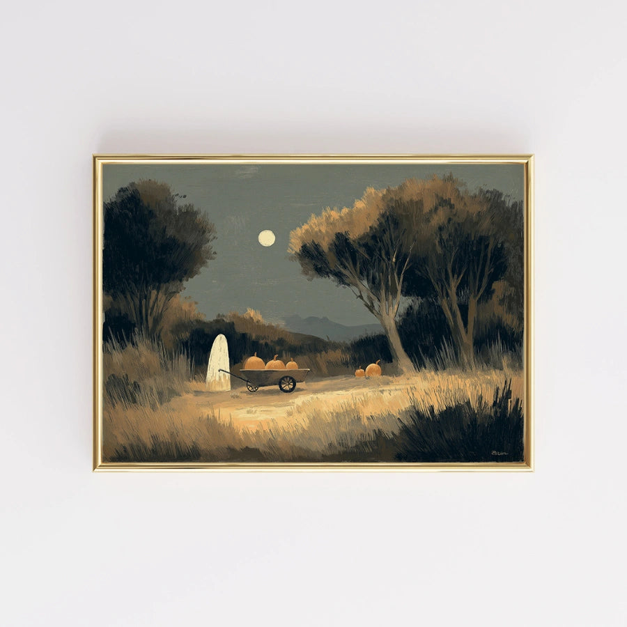 Ghost and Pumpkins Halloween Print – Autumn Night Folk Art