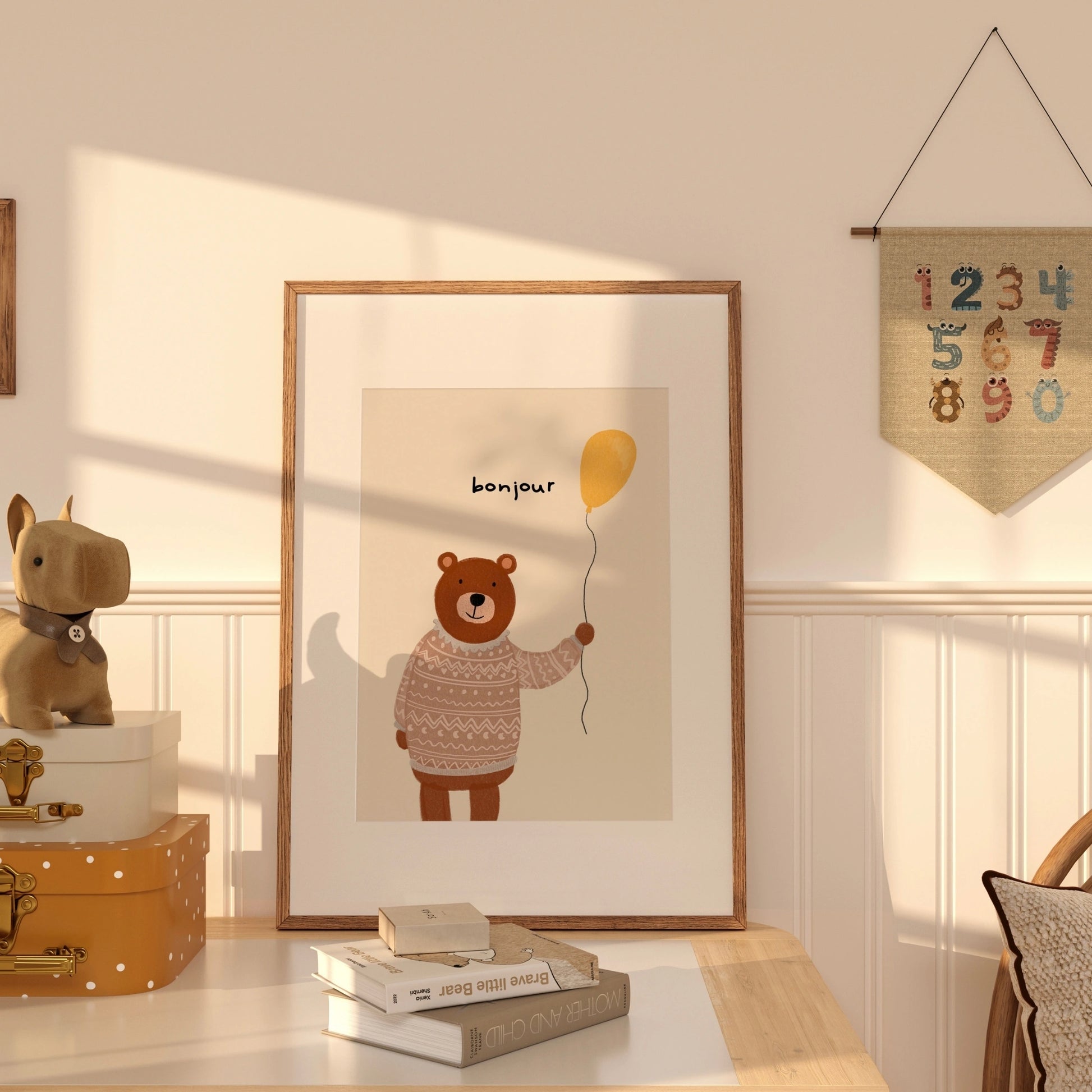 Bonjour Bear Wall Art – Cute Nursery Print with Sweater and Balloon