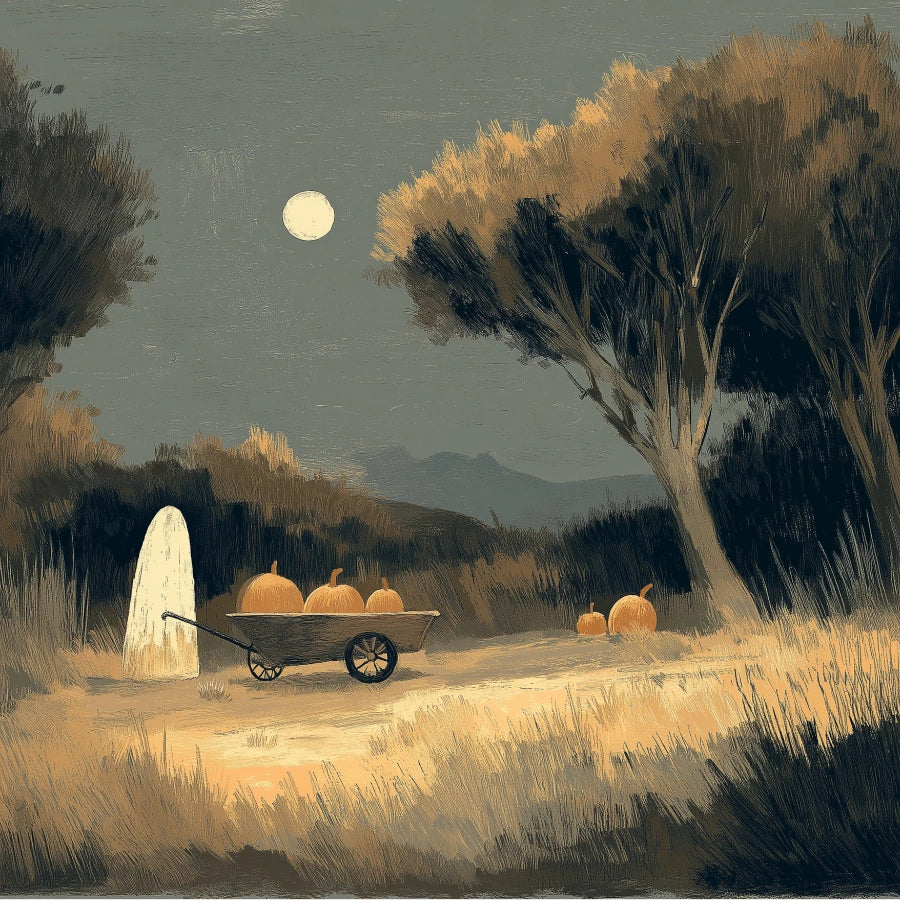 Ghost and Pumpkins Halloween Print – Autumn Night Folk Art
