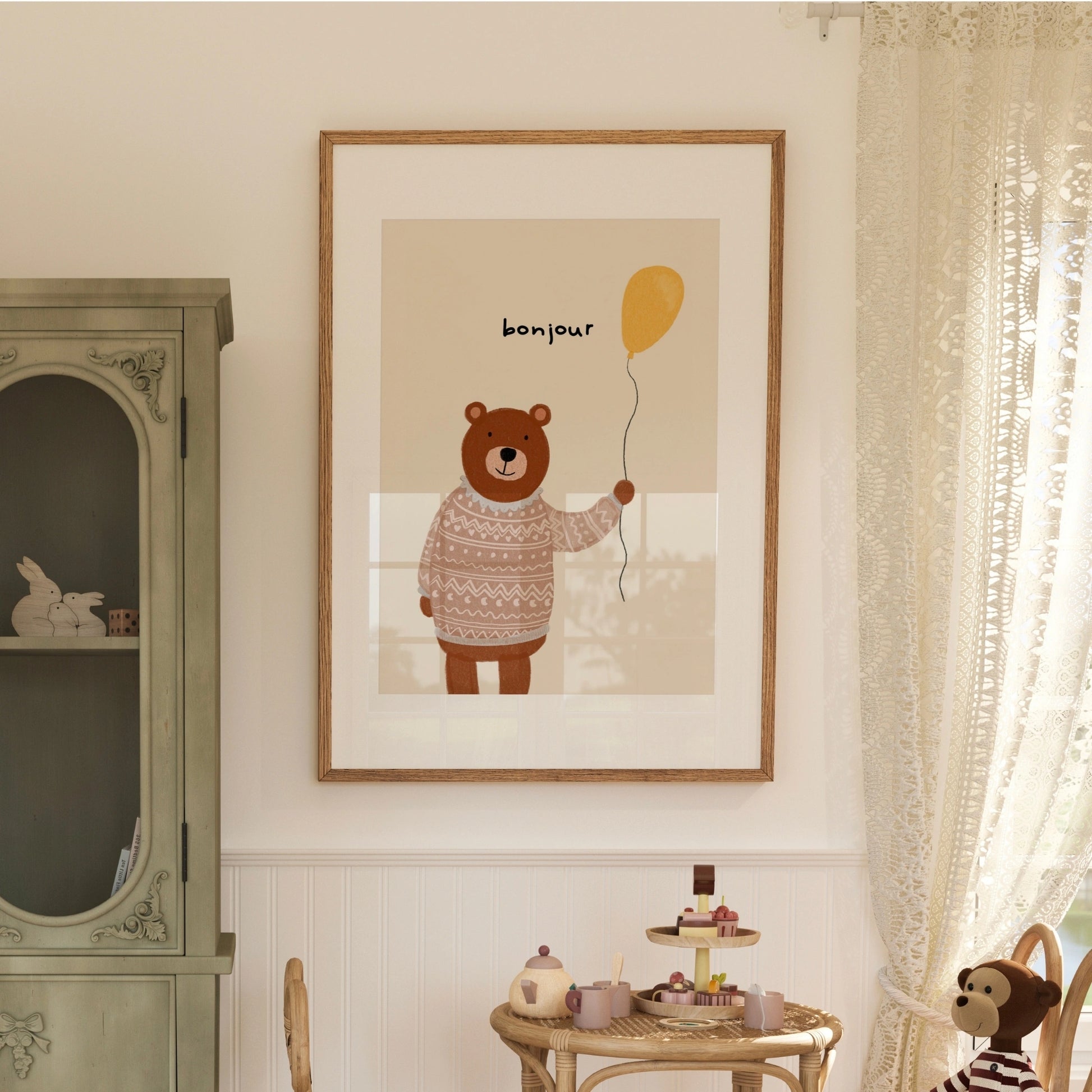 Bonjour Bear Wall Art – Cute Nursery Print with Sweater and Balloon