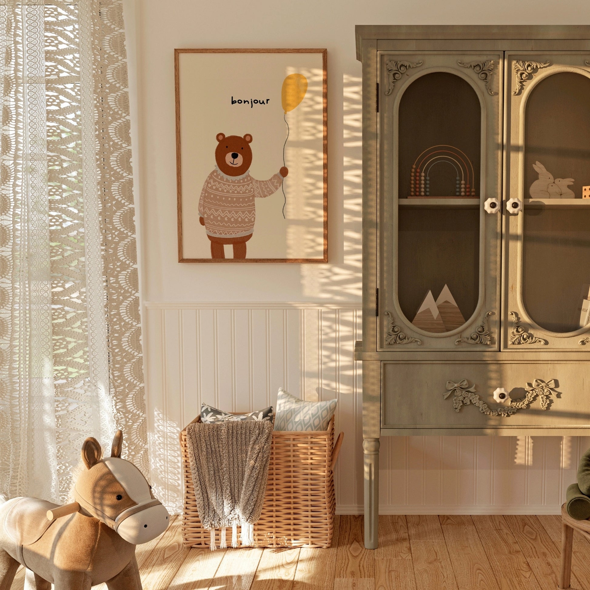 Bonjour Bear Wall Art – Cute Nursery Print with Sweater and Balloon