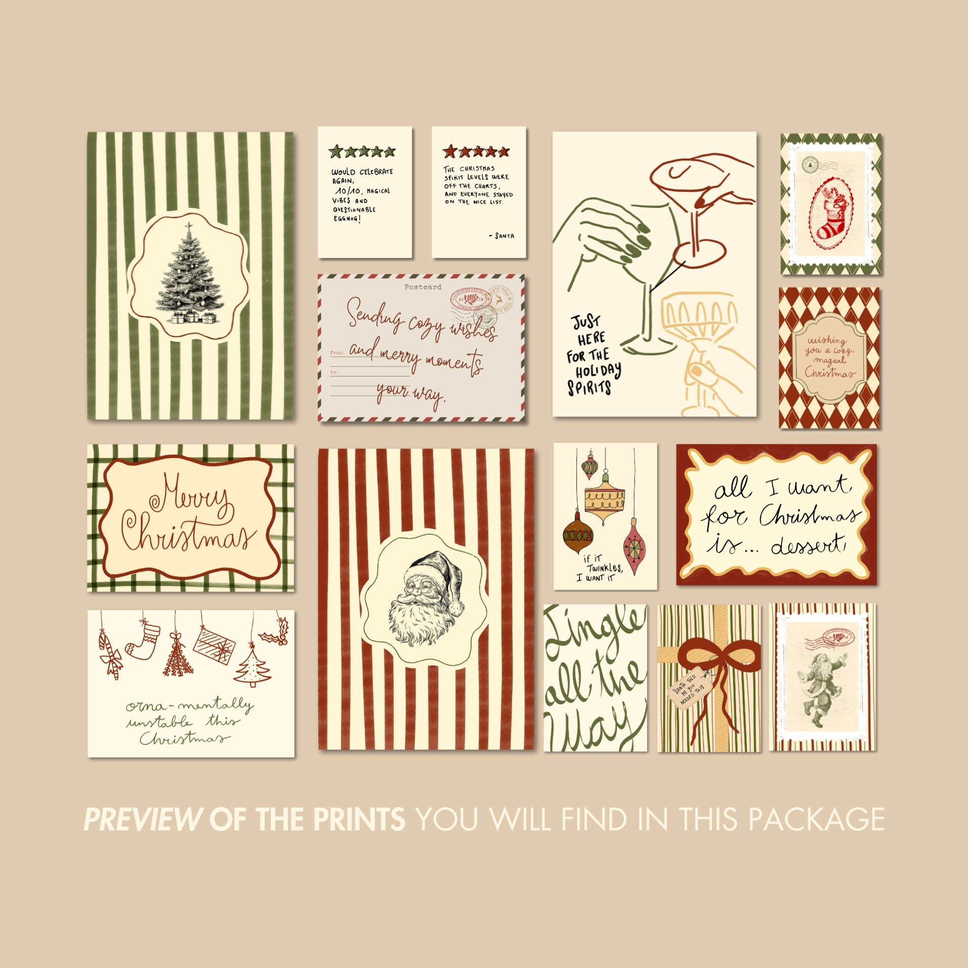Hand-Drawn Christmas Set of 17 Prints