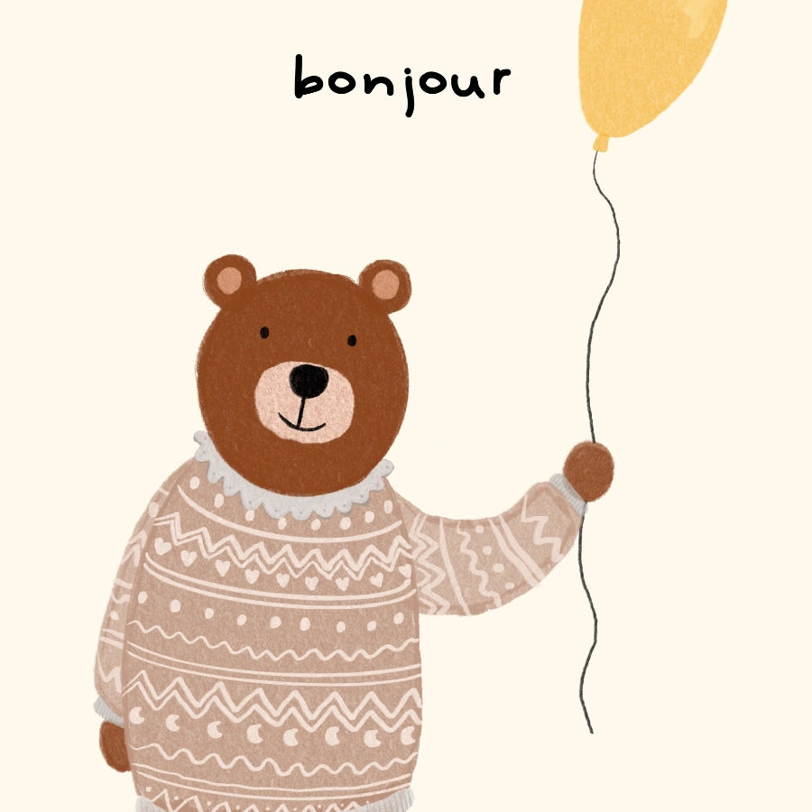 Bonjour Bear Wall Art – Cute Nursery Print with Sweater and Balloon