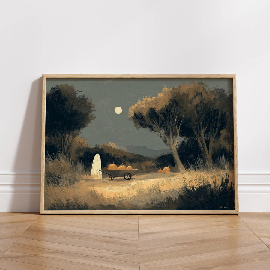 Ghost and Pumpkins Halloween Print – Autumn Night Folk Art