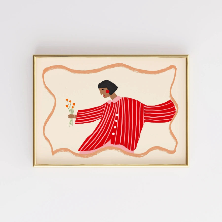 Red Striped Woman Wall Art – Maximalist Modern Female Print