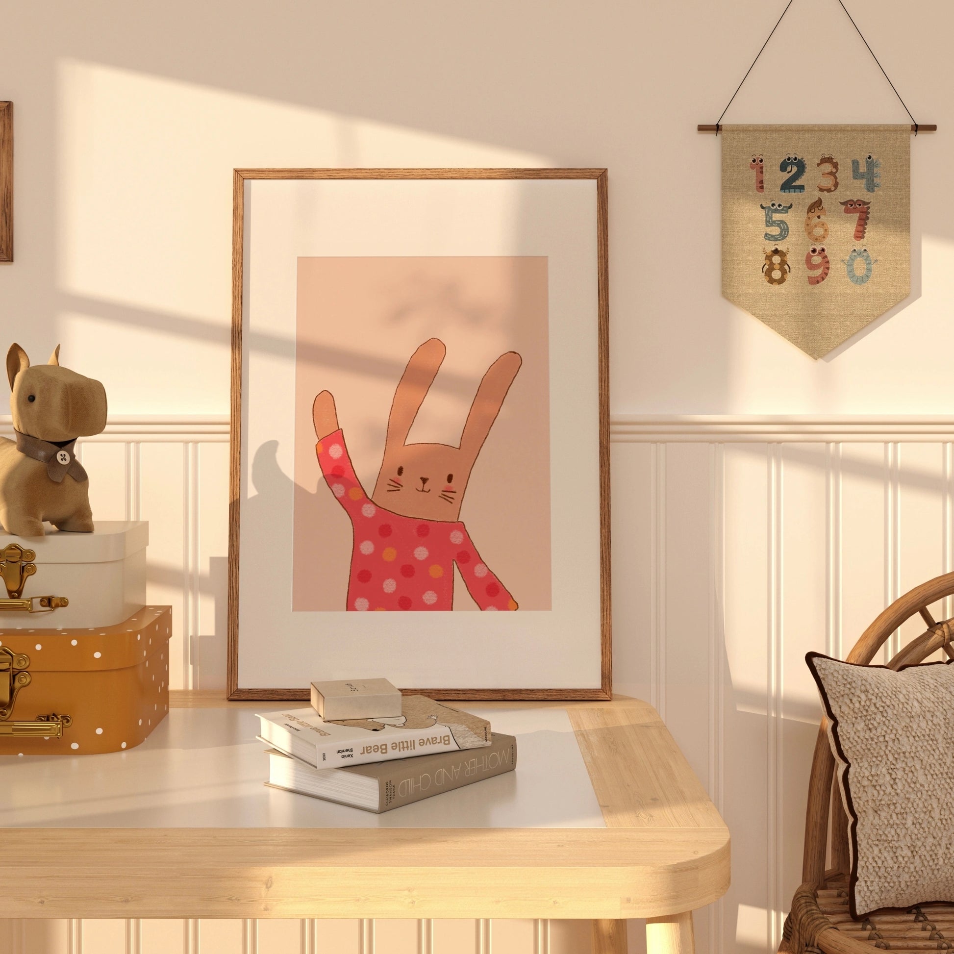 Wandbild mit Hase und Punkten – Niedliches Hasen-Kinderzimmerposter