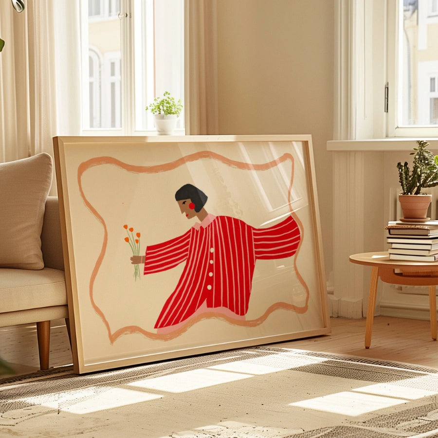 Red Striped Woman Wall Art – Maximalist Modern Female Print
