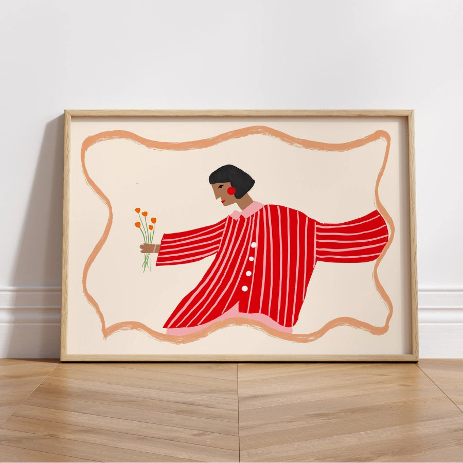 Red Striped Woman Wall Art – Maximalist Modern Female Print