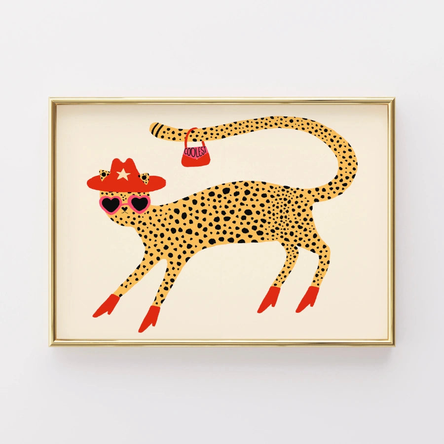 Fantastica stampa murale con ghepardo – Divertente stampa di animali da cowboy