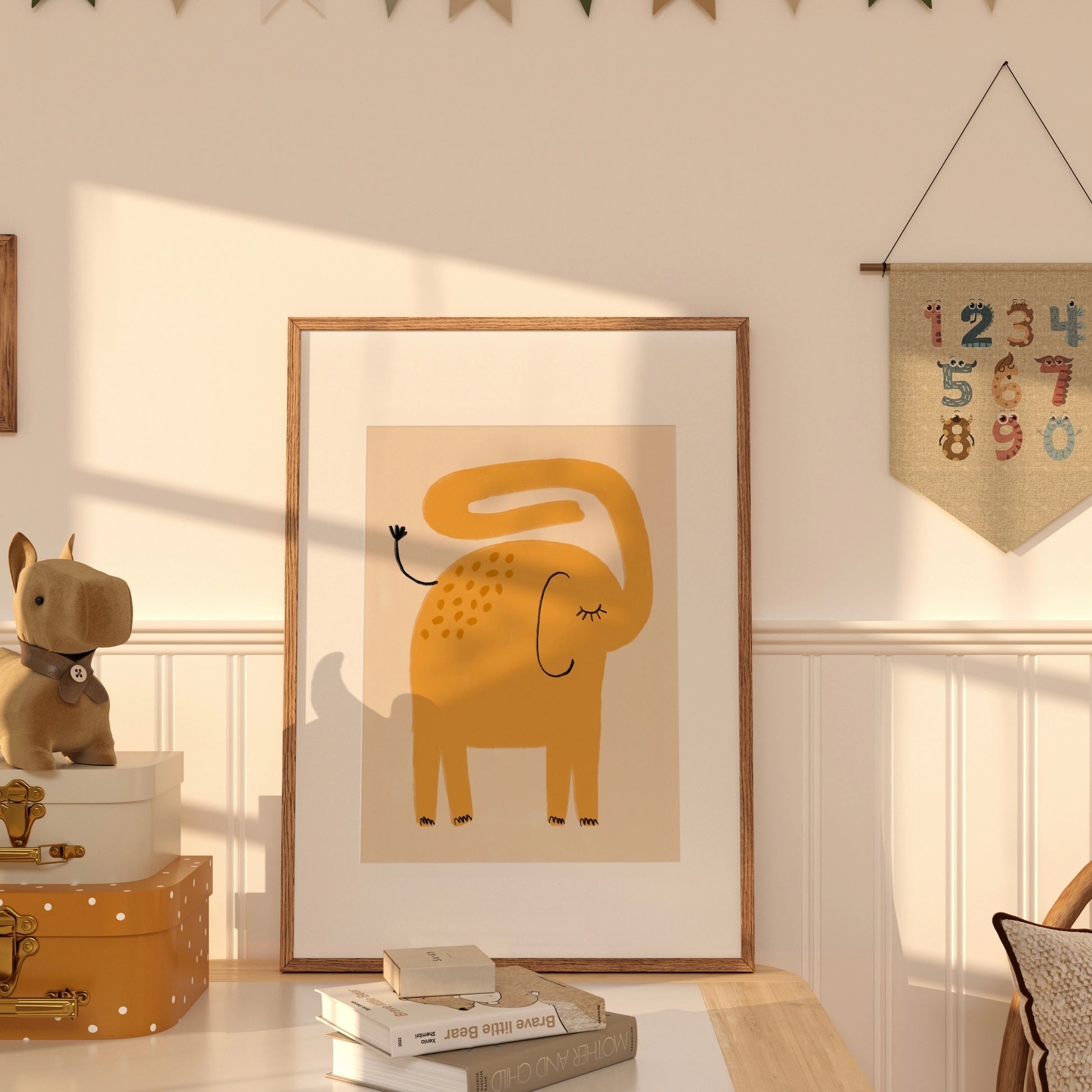Orange Elephant Wall Art – Minimalist Nursery Poster