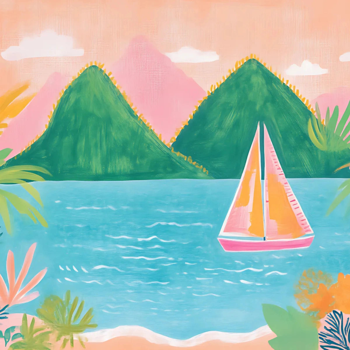 Colorful Tropical Sailboat Wall Art – Vibrant Coastal Beach Print