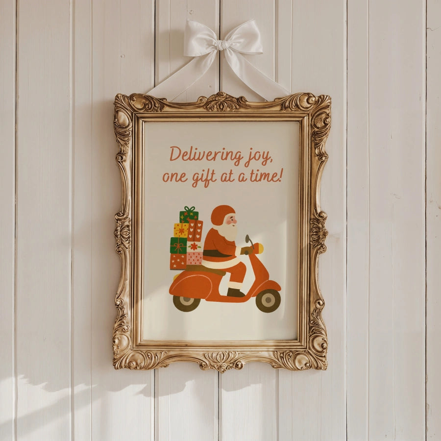 Babbo Natale sullo scooter - Stampa murale divertente per la consegna di Natale