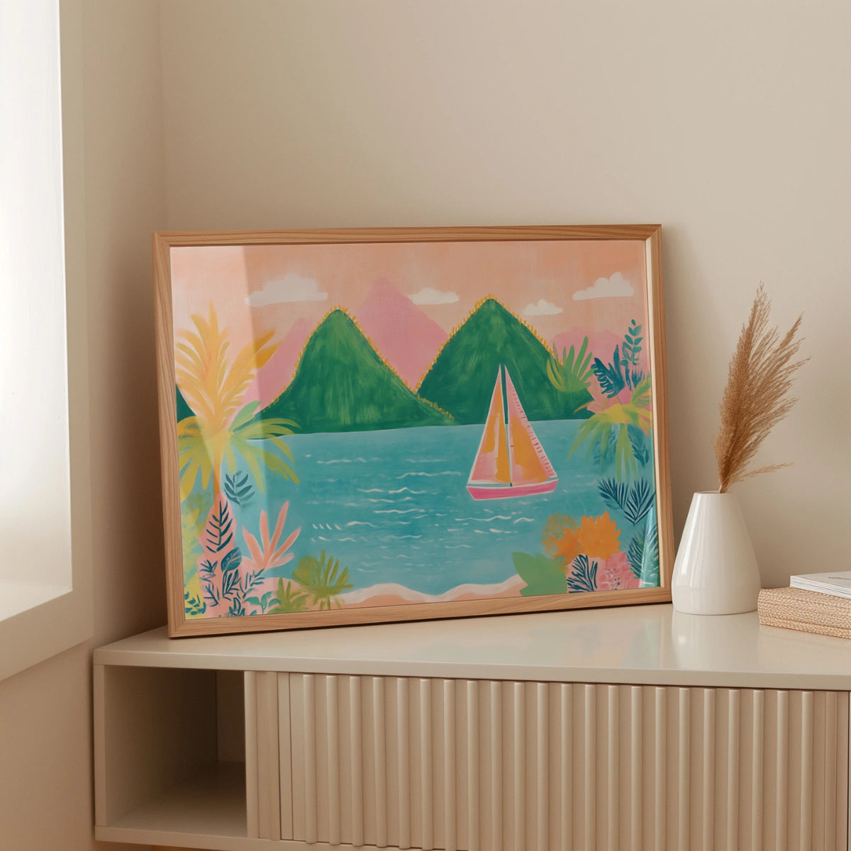 Stampa murale con barca a vela tropicale colorata - Stampa vivace di spiaggia costiera