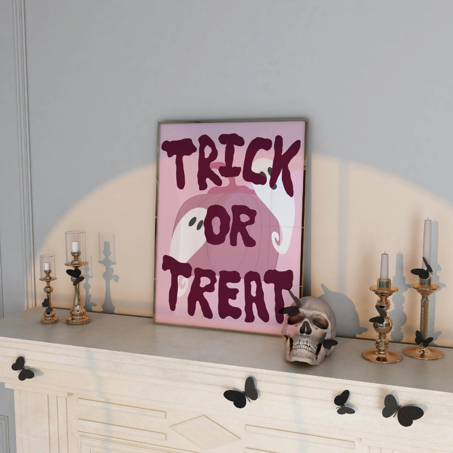 Ghostly Trick or Treat Print – Pink Halloween Wall Art