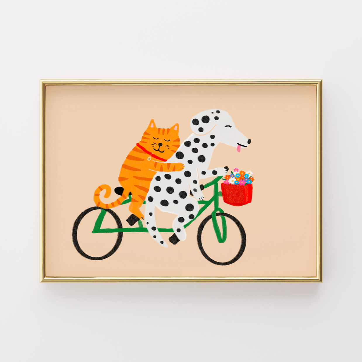 Cat and Dog on Bicycle Print – Cute Animal Wall Art for Kids