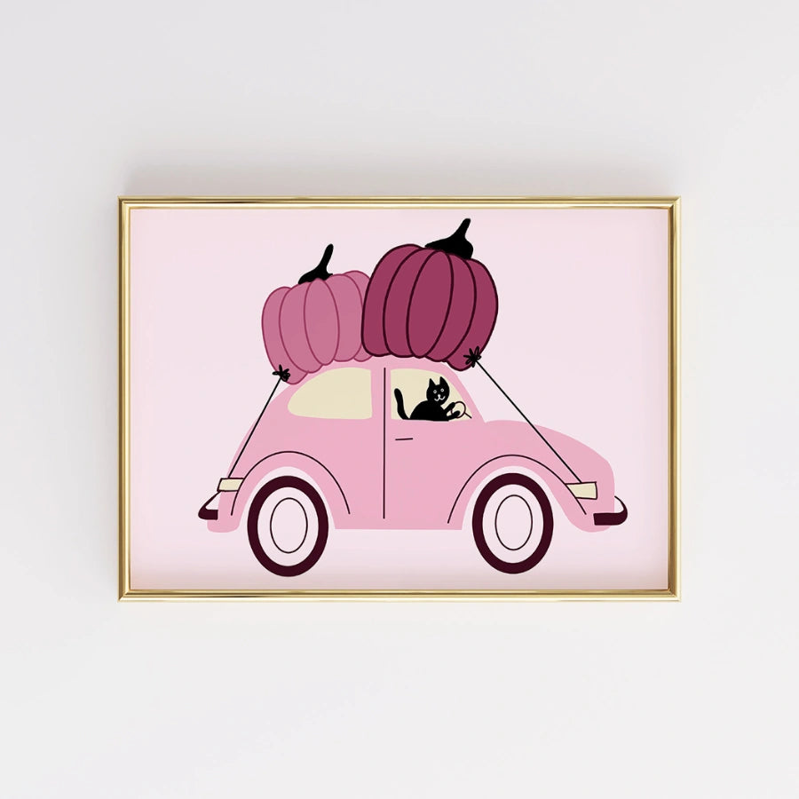 Pink Halloween Car Wall Art – Cute Fall Pumpkin Print