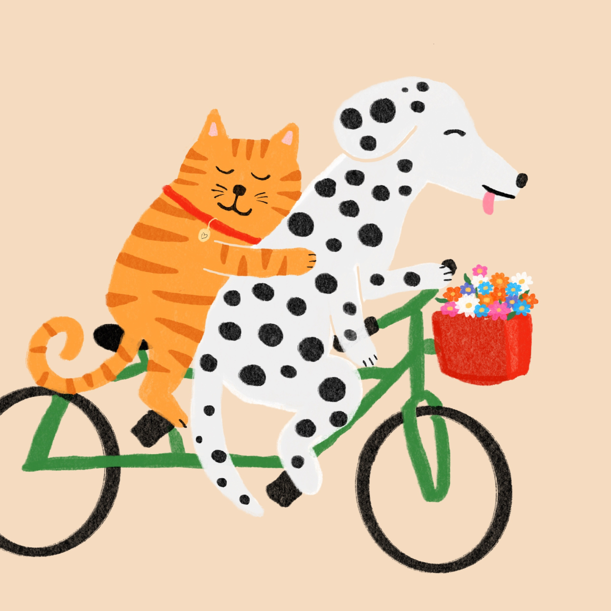 Cat and Dog on Bicycle Print – Cute Animal Wall Art for Kids