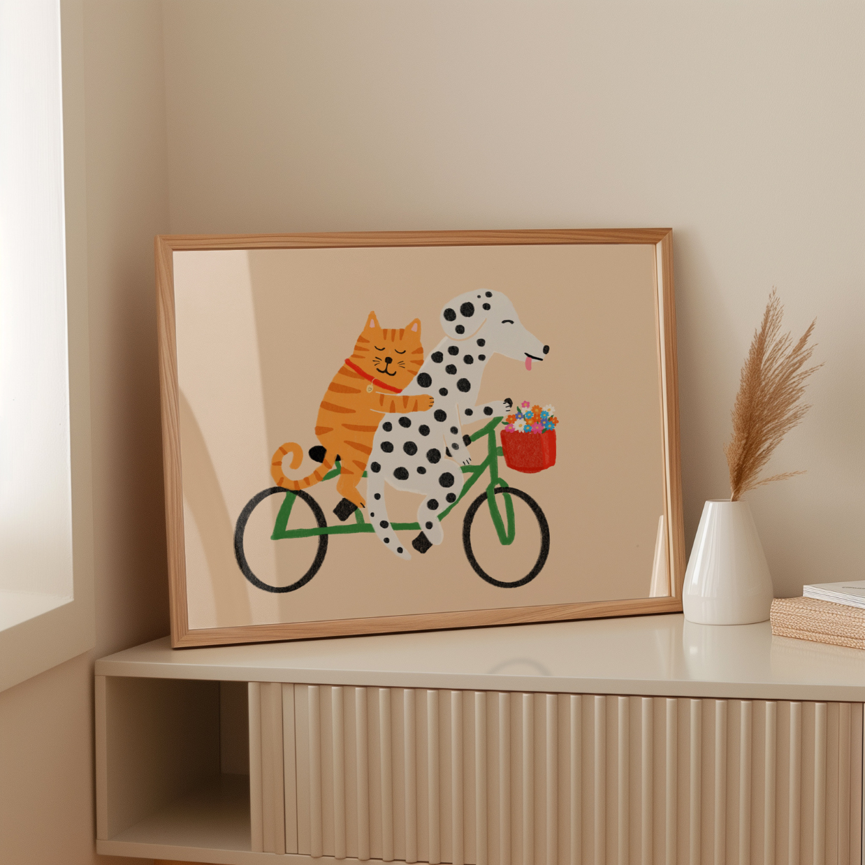 Cat and Dog on Bicycle Print – Cute Animal Wall Art for Kids