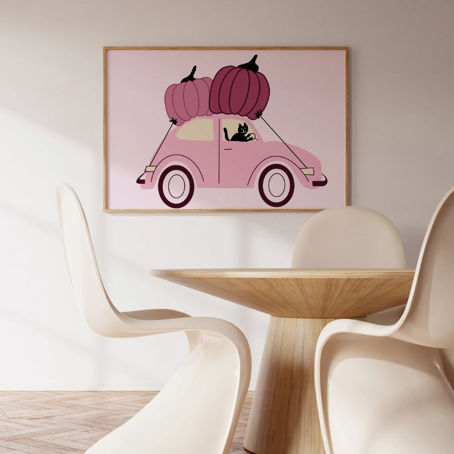 Pink Halloween Car Wall Art – Cute Fall Pumpkin Print