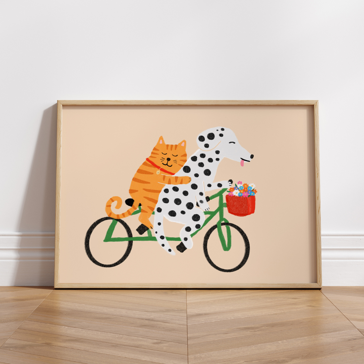 Cat and Dog on Bicycle Print – Cute Animal Wall Art for Kids