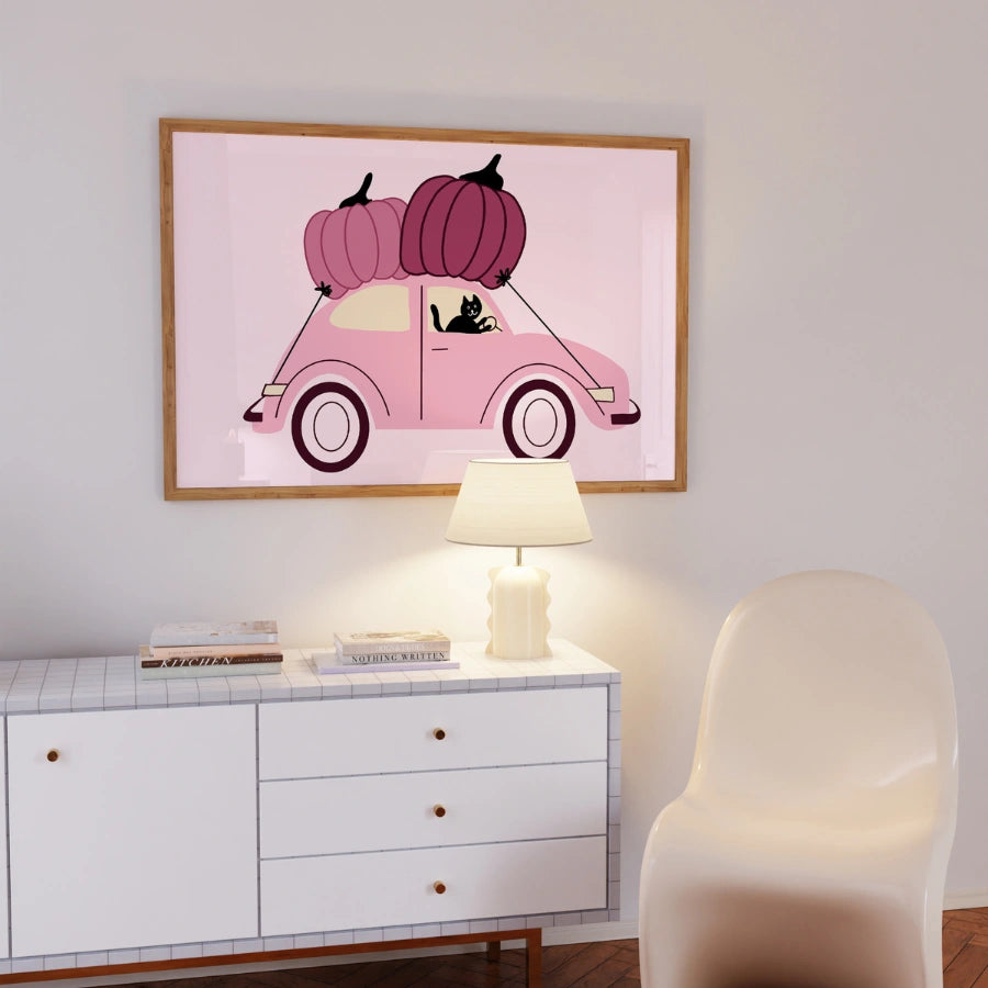 Pink Halloween Car Wall Art – Cute Fall Pumpkin Print