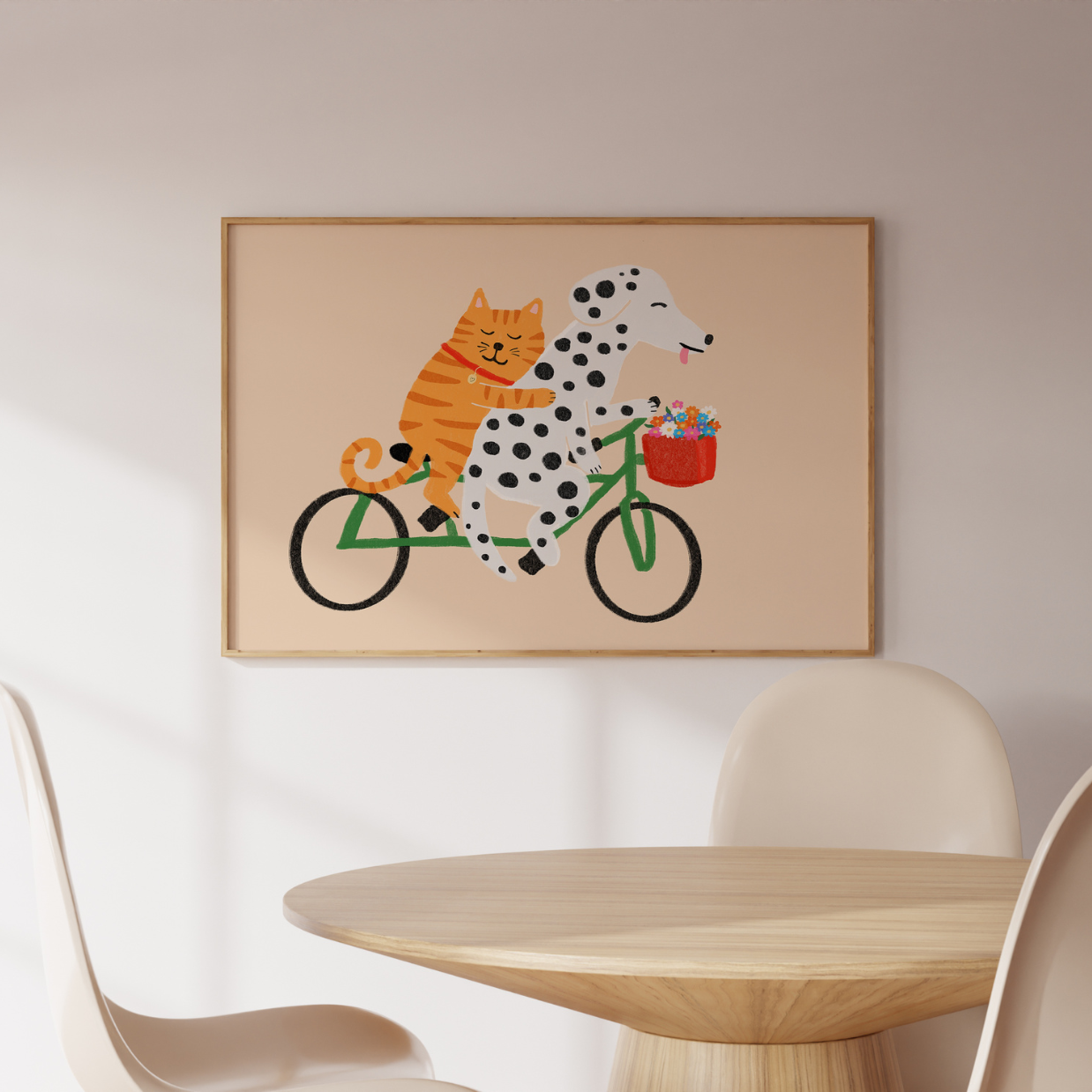 Cat and Dog on Bicycle Print – Cute Animal Wall Art for Kids