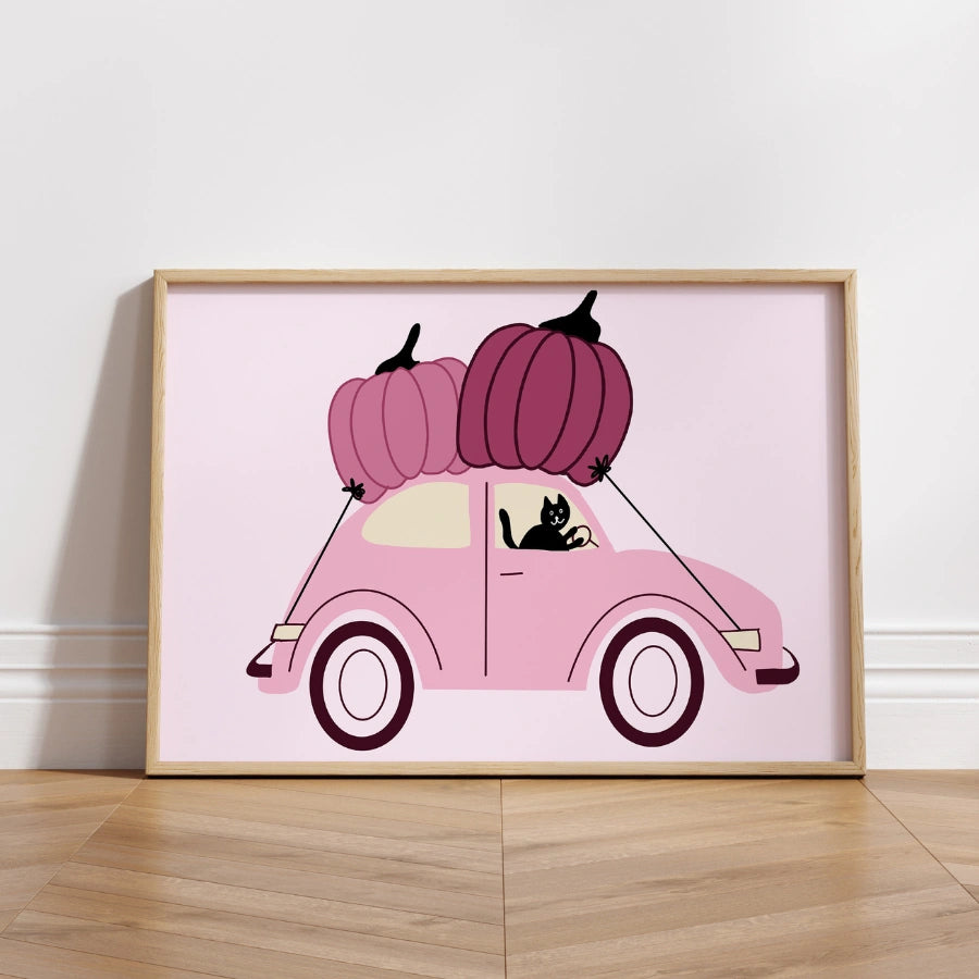 Pink Halloween Car Wall Art – Cute Fall Pumpkin Print