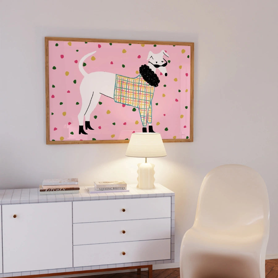 Whimsical Dog Wall Art – White Dog in Sweater Print
