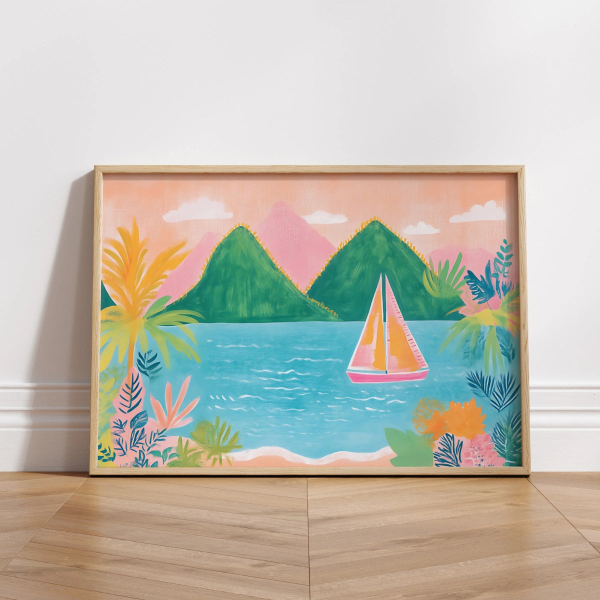 Stampa murale con barca a vela tropicale colorata - Stampa vivace di spiaggia costiera