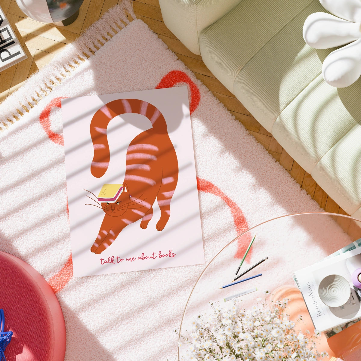 „Sprich mit mir über Bücher“ – Lustiges Katzenposter für Bücherliebhaber