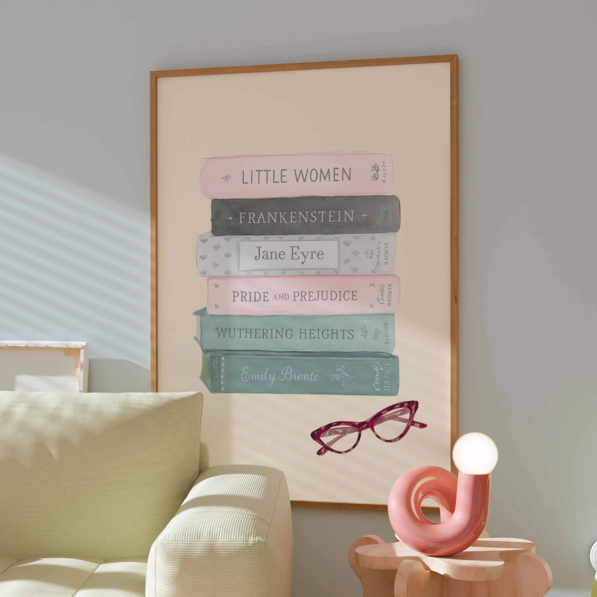 Classic Books Wall Art – Literary Stack Poster with Glasses